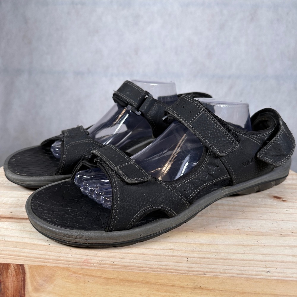 Vionic Bryce Sandals Mens 14 Black Good Leather Triple Strap Orthotic Walking